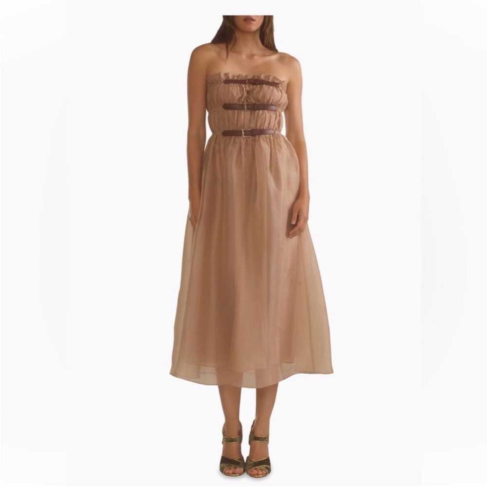 Cynthia Rowley Strapless Taupe Midi Dress with Ruffle Bodice